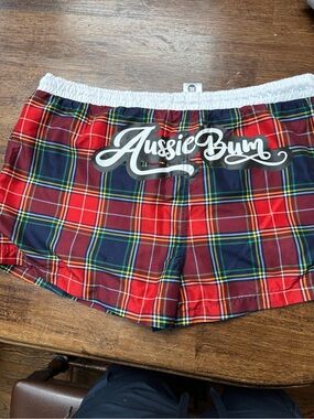 AussieBum Men's Red Navy Plaid Swim Trunks